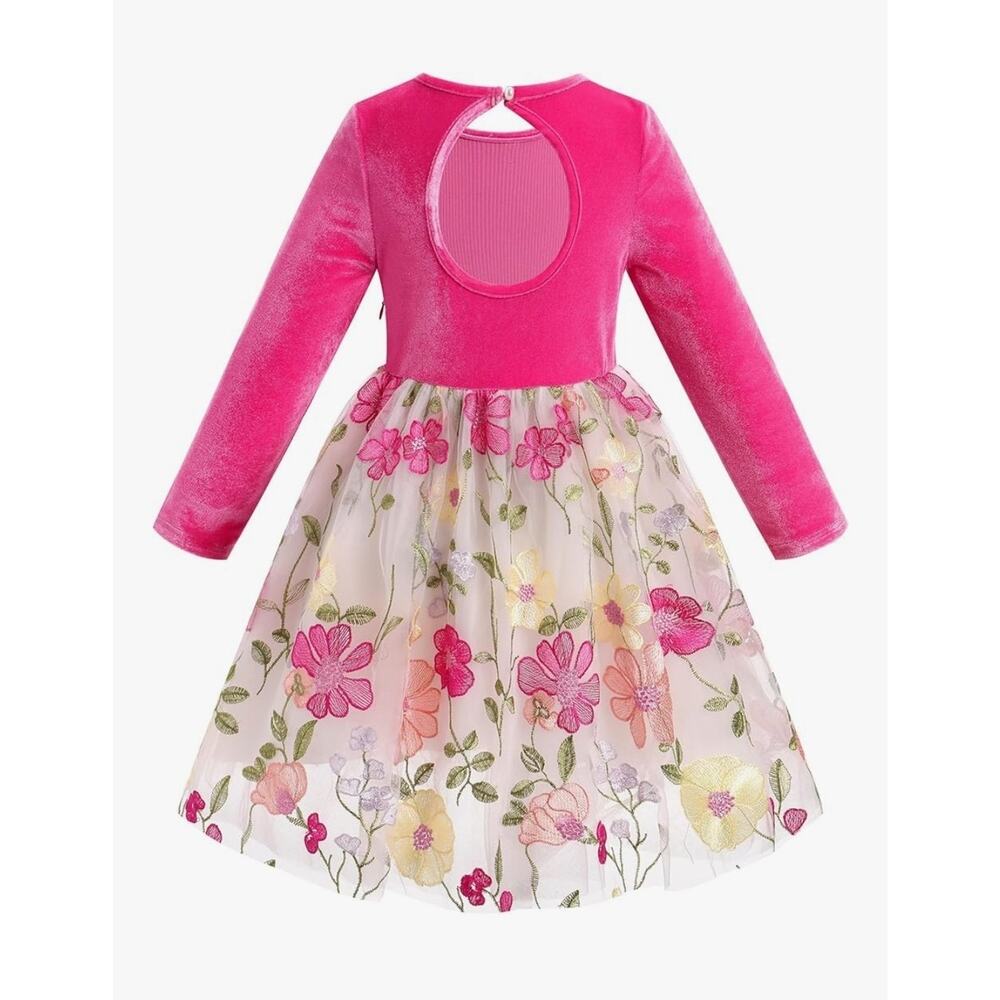 Girls Velvet Dress Floral Embroidery Tulle with Bowknot Headband, Pink Size 9-10 - Picture 4 of 5